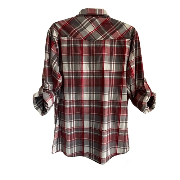 Carbon Plaid Women’s Slim Fit Roll-Tab Sleeves Button Down Collared Perfect NWOT - Picture 15 of 16